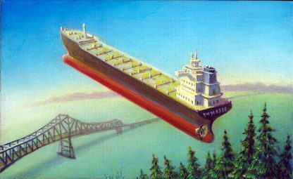 Megler Bridge and Ship, acrylic on wood, 6x9.75, 2016
